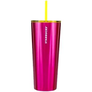 New Starbucks 2023 Stainless Steel Petunia Cold Cup Pink 24 Oz Yellow Lid Stra